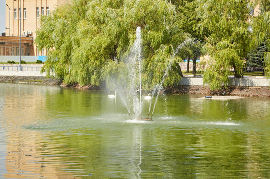 a fountain in a pond