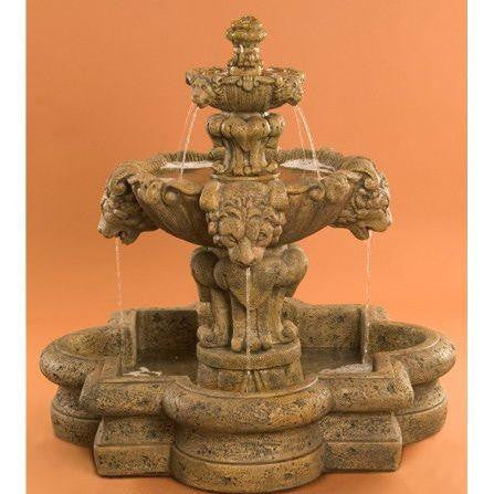 Small Courtyard Lion Tiered Garden Fountain in Quatrefoil Basin