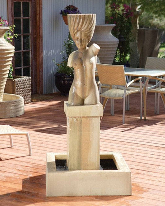 A garden water fountain with a statue of Athena