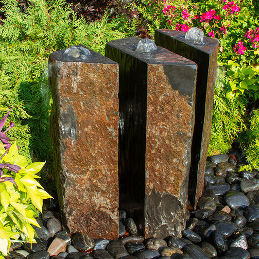 36-inch Triple Split Polished Basalt Stone Outdoor Fountain - 3 Piece