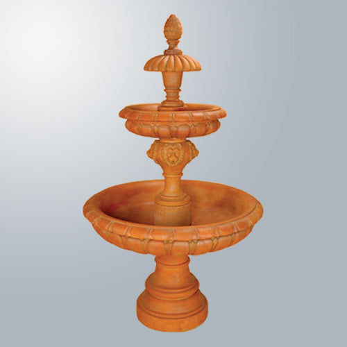 A three-tiered fountain with water flowing from the top basin into the lower ones.