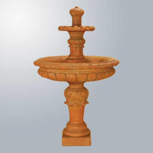 A two-tiered fountain with a circular basin at the bottom and a smaller, elevated basin above, featuring water flowing from the top tier into the bottom.