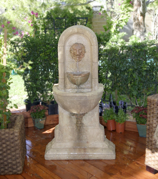 A lion head wall fountain with water flowing from its mouth.
