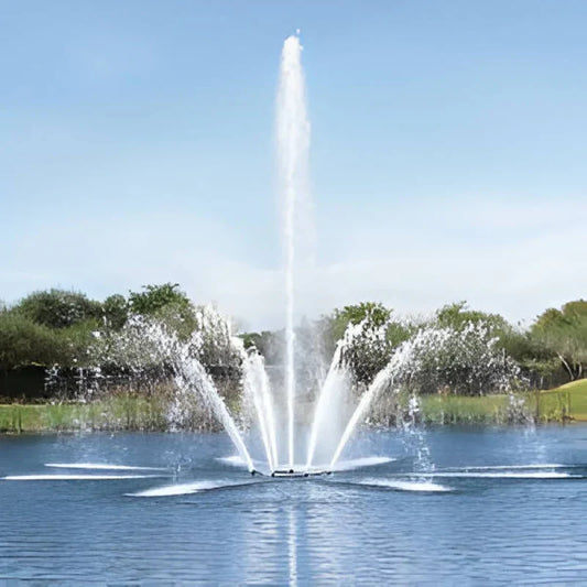 A floating pond fountain with a vertex aeration jet.